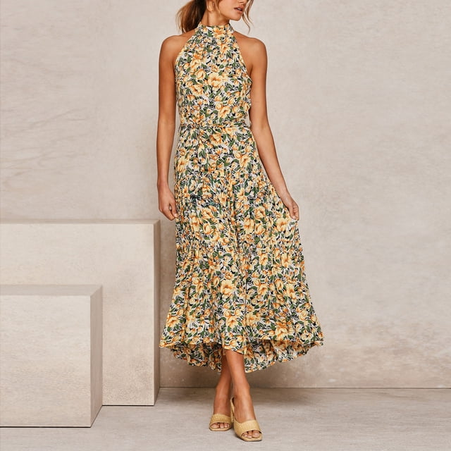SMihono Robe Maxi Bohème d'Été pour Femmes Grande Taille Mode Été Dos Nu Sans Manches Imprimé Aguichant Soirée Longue Robe de Plage