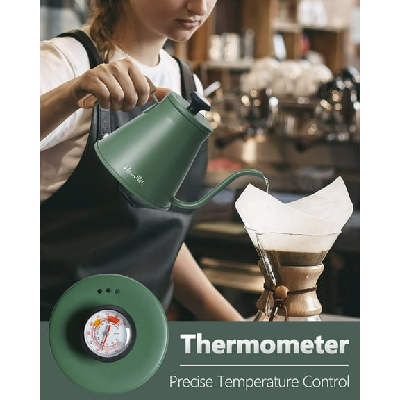 Harriet Gooseneck Kettle with Thermometer for Pour Over Coffee and Tea, 37 fl oz, Stainless Steel,  3-Layer Base, Ideal Spout for Precision Pouring, Compatible with all Stove Tops, Green