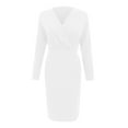 thumbnail image 4 of Aoochasliy Fall Dresses for Women Solid Slim Long Sleeve Deep V Neck Pleated Long Bag Hip Hedging Dress, 4 of 6