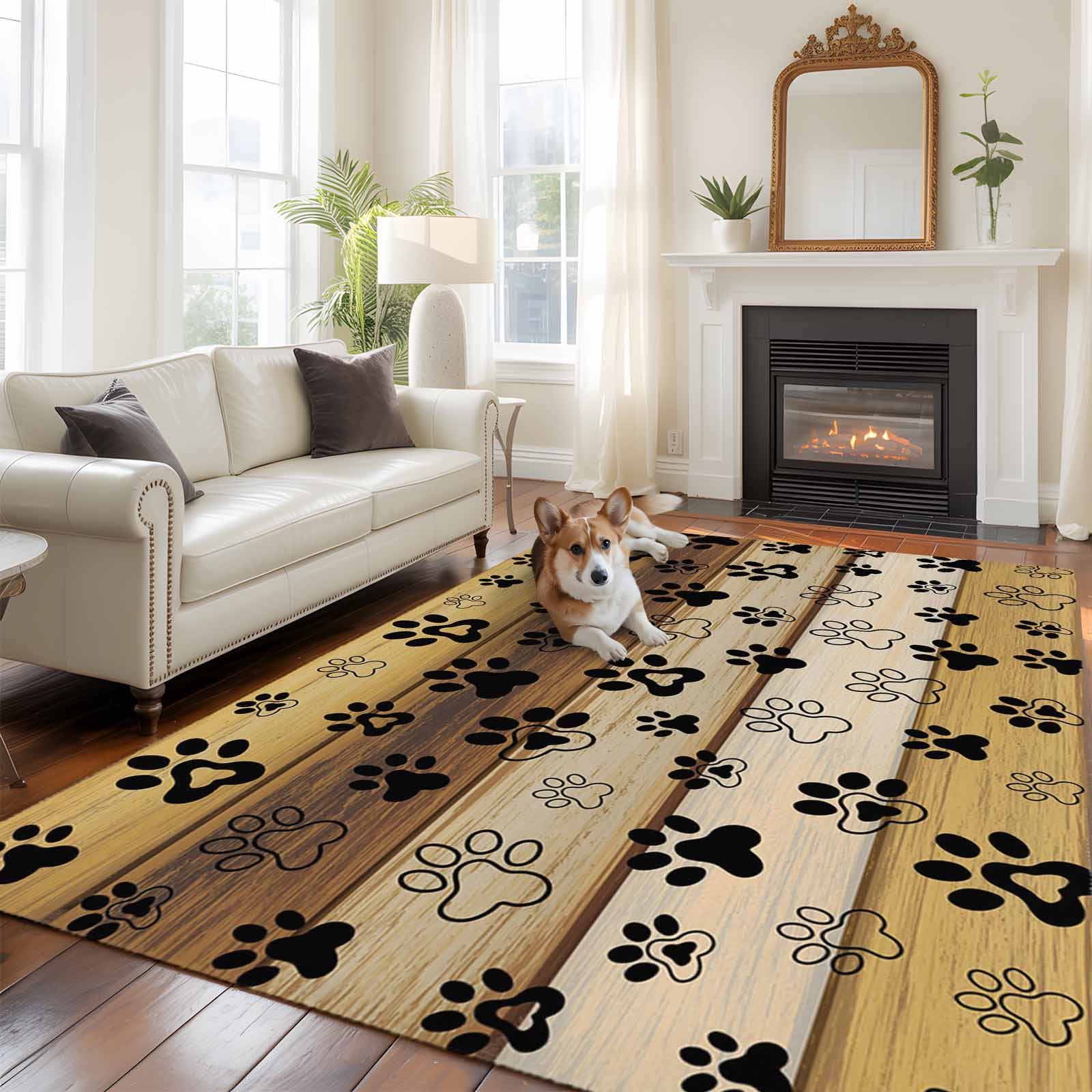 Area Rug for Living Room, Cute Dog Claws Non-Slip Indoor Large Carpet for Bedroom/Dining Room, Farmhouse Brown Wooden Grain Puppy Pawprints Washable Low-Profile Rectangle Floor Runner Rugs - 6 x 9 Ft
