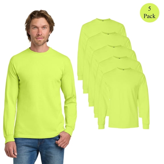 Gildan Ultra Cotton Safety Long Sleeve T-Shirt, Safety Green Workout Shirt for Men, 5-Pack Tee, S