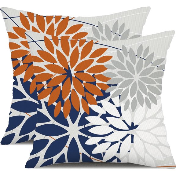 Outdoor Throw Pillow Covers 18x18 Inch Set of 2 Waterproof Spring Summer Geometric Elegant Orange Blue Outdoor Pillow Covers for Patio Funiture Garden Couch 158V18