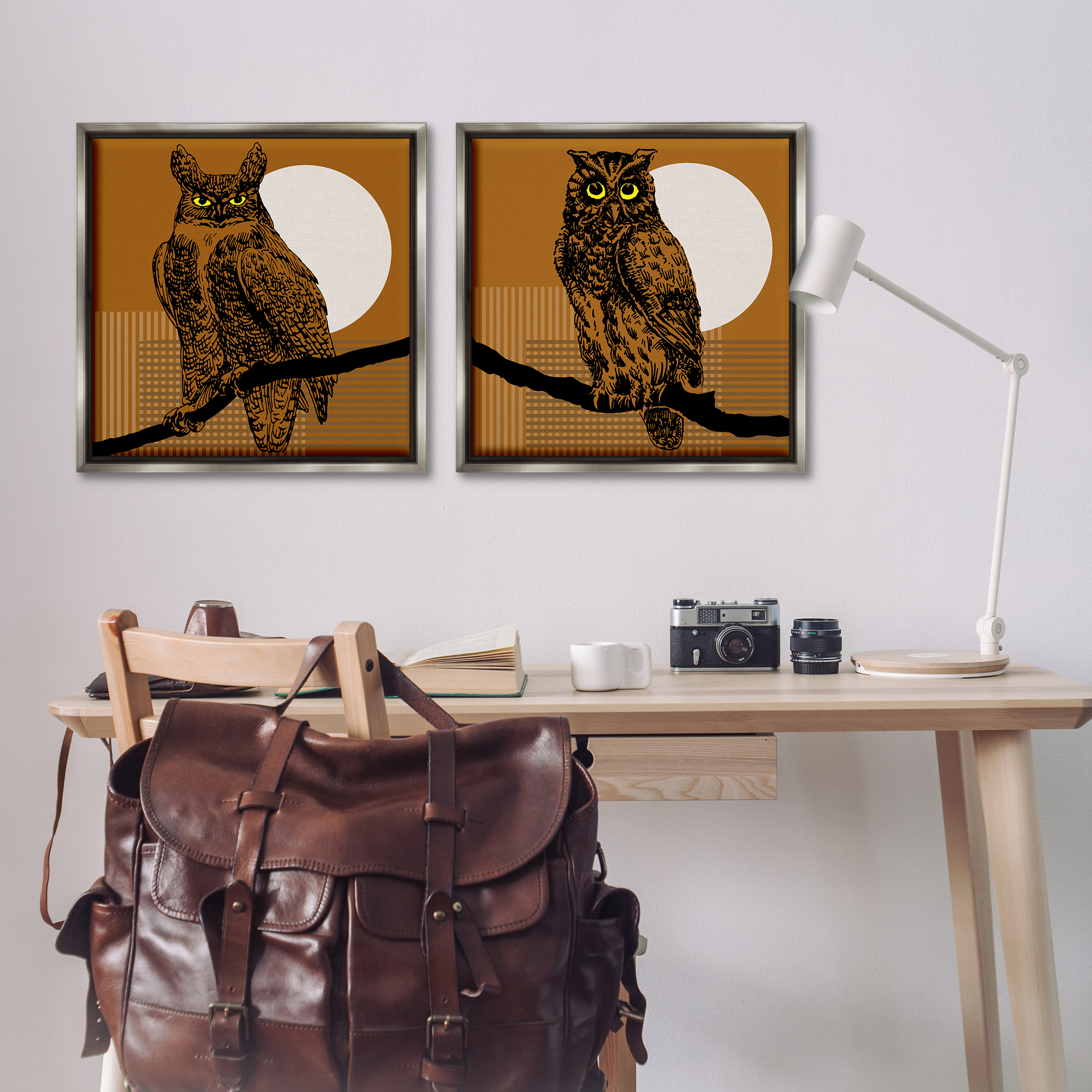 Stupell Industries Full Moon Owls on Branch Animals Painting Gray Floater Framed Canvas Art Print Wall Art, 25 x 25, Set of 2