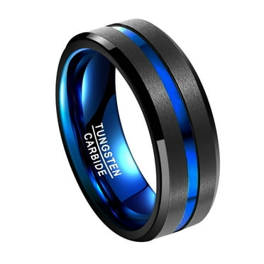 8mm Tungsten Ring for Men Black Blue Wedding Bands with Center Groove Beveled Edges Size 4-17