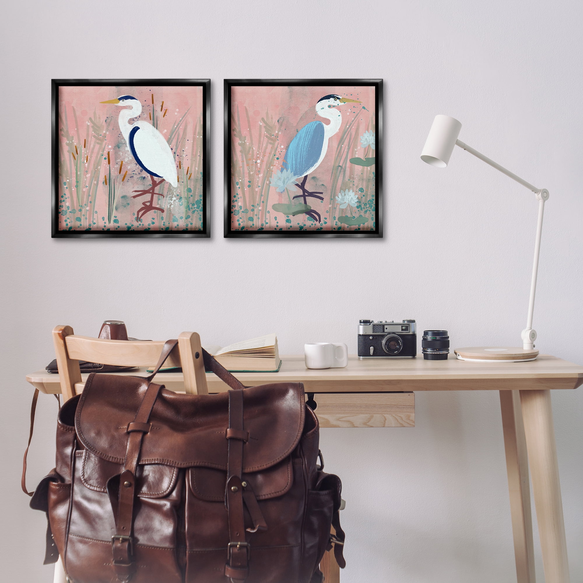 Stupell Industries Blue Heron Egret Cattail Marsh Animals Painting Black Floater Framed Canvas Art Print Wall Art, 18 x 18, Set of 2