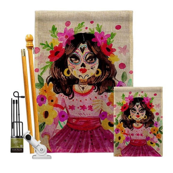 Angeleno Heritage FK130410-DB La Catrina Falltime Day of Diad 28 x 40 in. Double-Sided Decorative Vertical House Flags Kit for Decoration Banner Garden Yard Gift