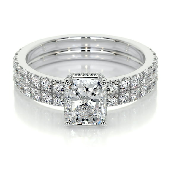 Blue Jewel 1.9 Ct Radiant Cut Hidden Halo Eternity Band Ring - Lab-Created Simulated Diamond in 14K White Gold Plated - Stylish Engagement Ring or Wedding Gift for Her