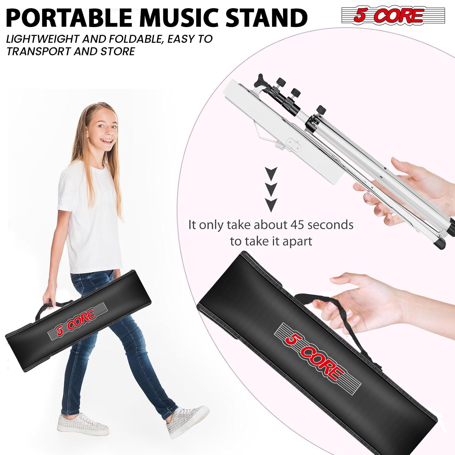 5Core Music Stand For Sheet Music Portable Tripod Adjustable Folding Note Holder