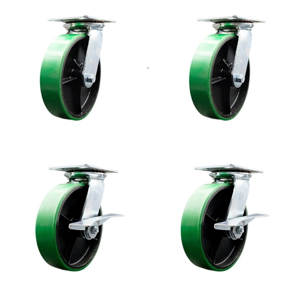 8 Inch Green Poly on Cast Iron Swivel Caster Set 2 Swivel Locks 2 Brakes SCC
