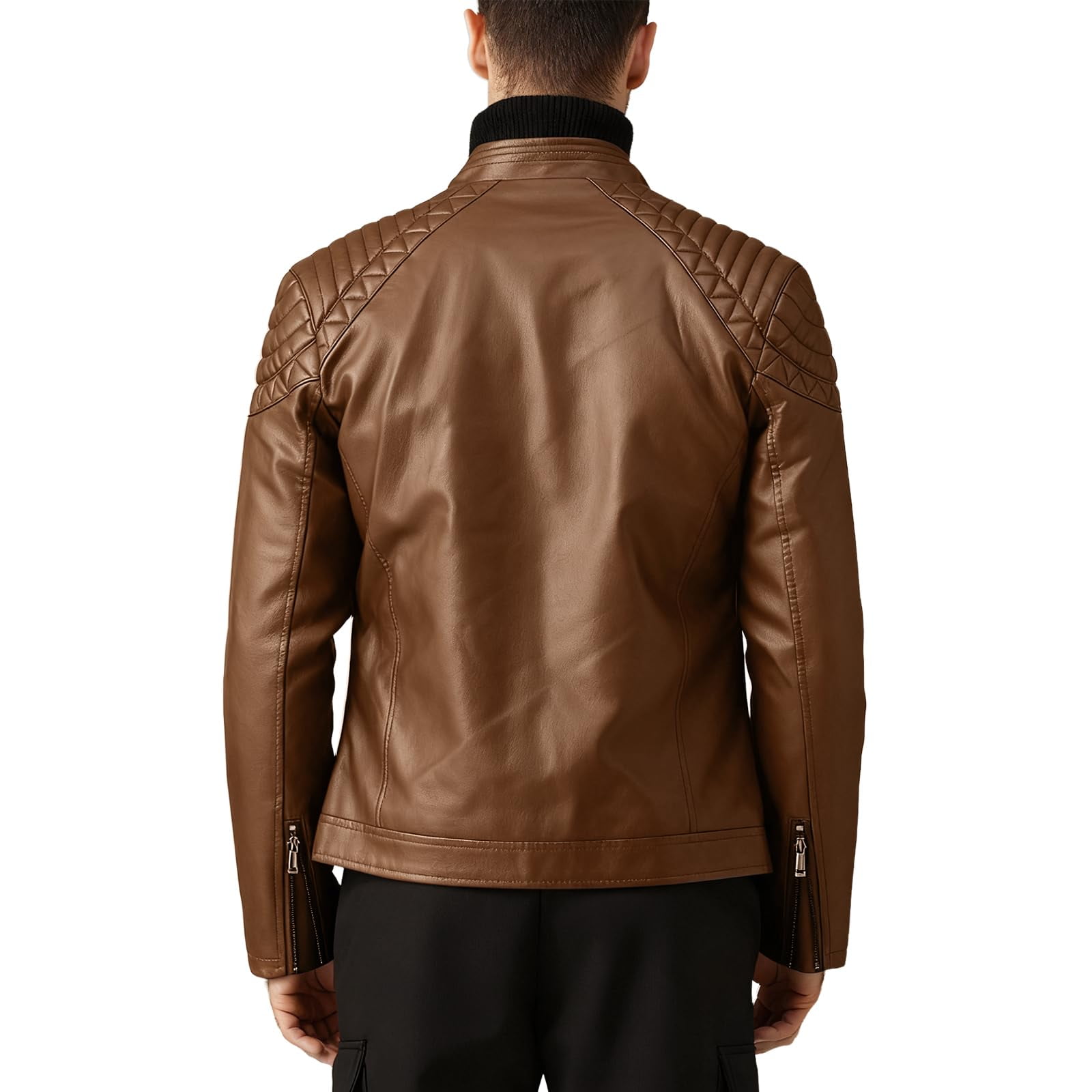 LEDUNTINO Men's Stand Collar Winter PU Faux Leather Fleece Lined Zip-Up Motorcycle Bomber Jacket Slim Fit Biker Coat