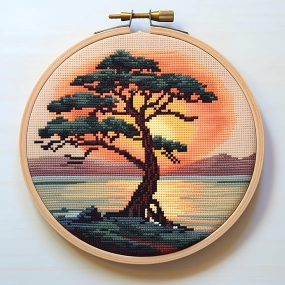 Seaside Sunset Tree Scenery Stamped Cross Stitch Kits for Beginners Easy with Hoop 11CT Needlepoint Embroidery DIY Counted Cross Stitch Kits Art Craft Wall Decoration 35x35cm(4)