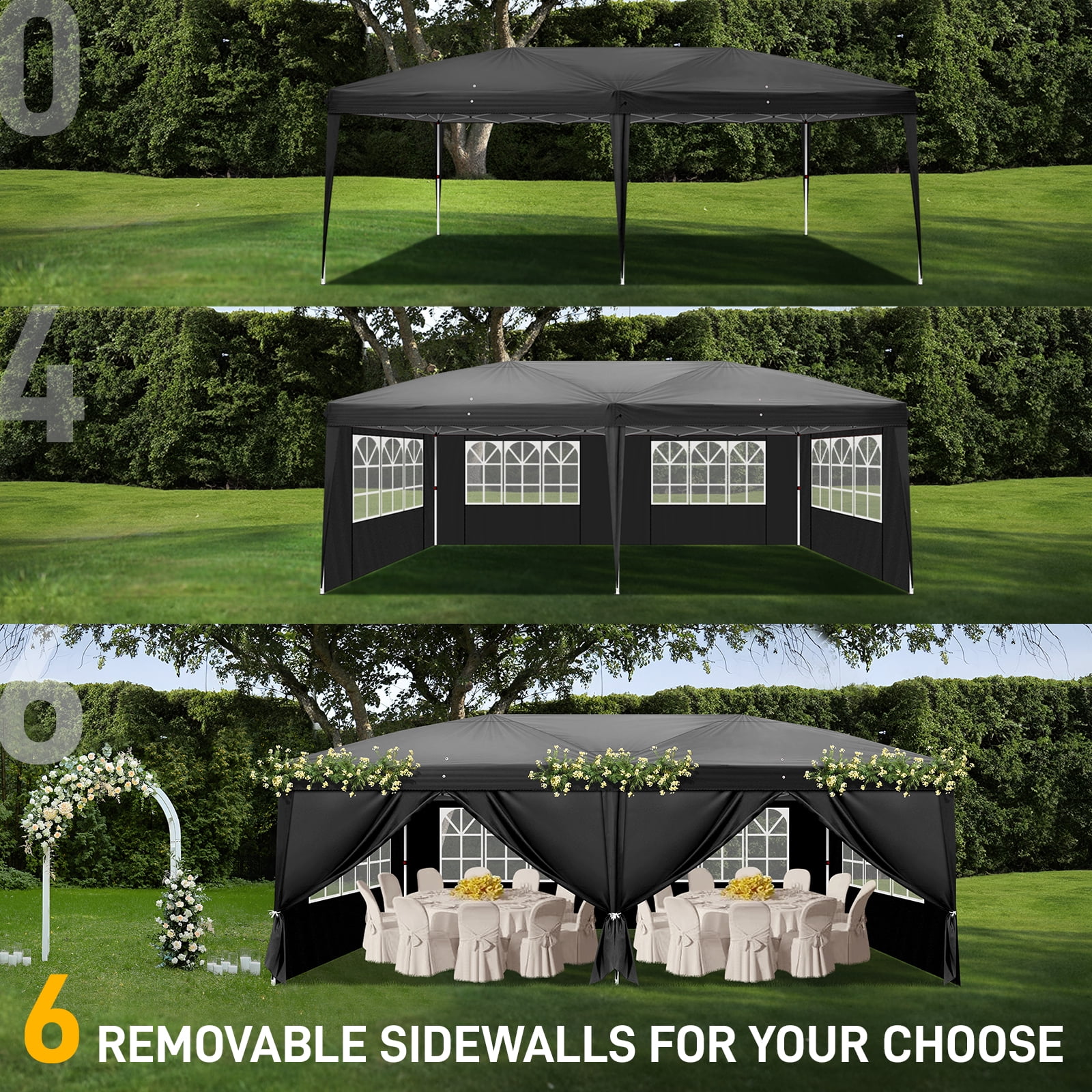 10x20ft Instant Pop Up Canopy Tent Black, 6 Mesh Panels 2 Doors 4 Mesh Windows, 28/22mm Powder Coated Steel Frame, 10x20mm Crossbar, 210D Oxford Folding Outdoor Tent with Carry Bag No Sandbags