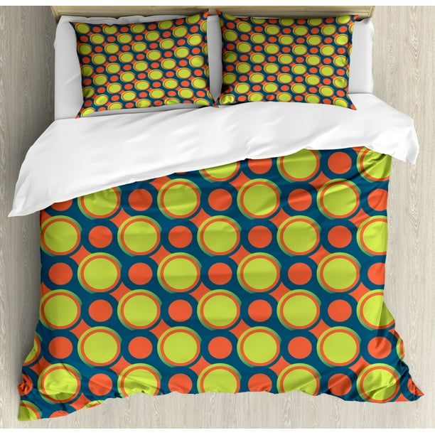 Retro Queen Size Duvet Cover Set Spotty Pattern With Orange And Green Circles In Diagonal Direction - Blue Orange And Green Bedding Retro Queen Size Duvet Cover Set Spotty Pattern With Orange And Green Circles In Diagonal Direction - Blue Orange And Green Bedding