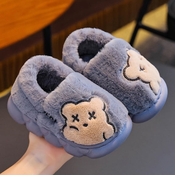 SGFCWSX Kids Fuzzy Bear Slippers Cozy Home Shoes for Girls Boys Adorable Indoor Footwear Gray Size 2.5-3 Years