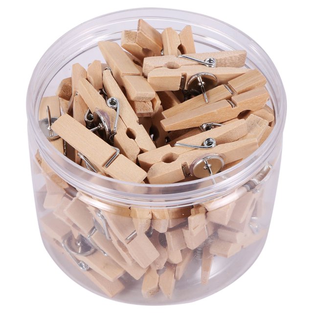 Push Pins With Wooden Clips 50Pcs Thumbtacks Pushpins Creative Paper Clips Clothespins Natural Color for Cork Board and Photo Wall Offices Home Schools Use