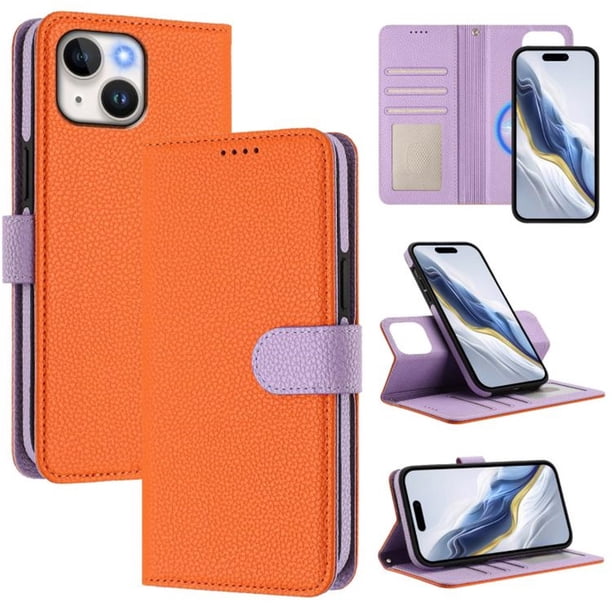 For iPhone 15 RFID Bolso Protector con Bloqueo 2 en 1 Funda Tipo Billetera Bicolor Desmontable Funda con Tapa Magnética Bolsillo con Múltiples Ranuras para Tarjetas
