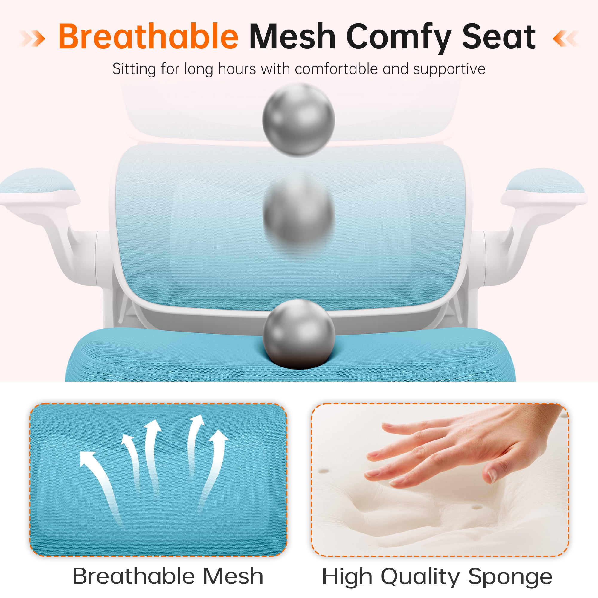 COOLHUT Office Chair, Ergonomic Desk Chair with Lumbar Support and Adjustable Armrests, Breathable Mesh Computer Gaming Chair, Reclining Task Chair for Home Office, Blue