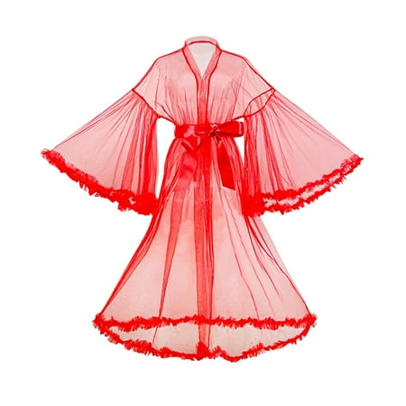 Women s Sexy Sheer Mesh Fur Trim Belted Sleep Robe Bridal Wedding Lingerie for Holiday Wedding Night