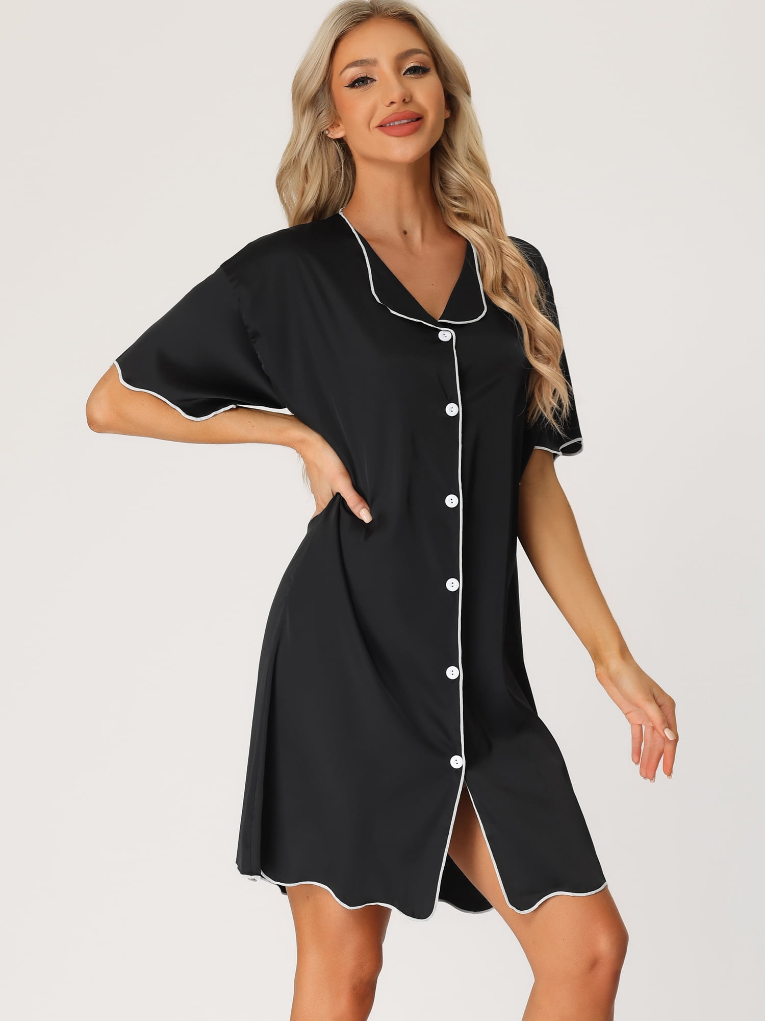 DARING DIVA Women's Satin Short Sleeve Button Down Pajama Nightgown XL Black