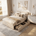 thumbnail image 2 of Bedroom Furniture Set, 1xQueen Bed Frame with 4 Under-Bed Drawers, 2x2-Drawer Nightstand, 1x5-Drawer Dresser and 1x7-Drawer Dresser, - Beige and White, 2 of 10