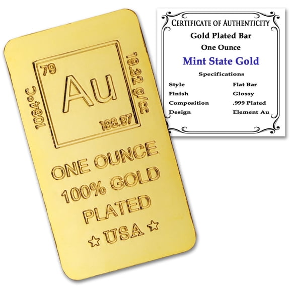 1 oz Gold Plated Bar (Flat Style) 18K Paperweight - Element Design with Certificate of Authenticity