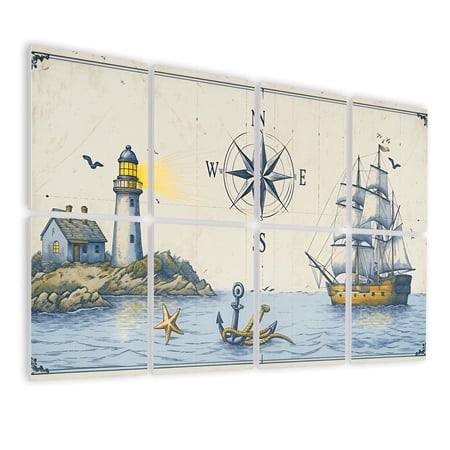 Coastal 8 Pack Art Acoustic Panels Sound Absorbing Retro Compass Sail Boat Ocean Lighthouse Decorative Soundproof Wall Panels Self Adhesive for Nursery Game Room Bedroom 48 x32