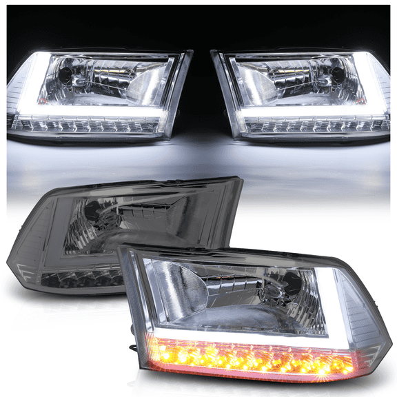 M-AUTO Set of 2 LH RH LED Light Bar DRL Headlight for 2009-2010 Dodge Ram 1500/2010 Dodge Ram 2500/2010 Dodge Ram 3500, Chrome Housing Smoked Lens