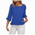 thumbnail image 5 of Towmus Womens 3/4 Sleeve Tops Knit Cotton Ladies Blouses Crew Neck T Shirts for Women Loose Fit Ruffle Sleeve Tunic Tops, S, Blue, 5 of 8