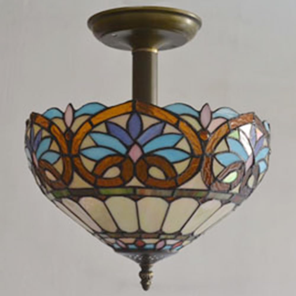 Kiven 11.8in Plug-in Flush Mount Ceiling Light Fixture, 2-Light Anti Glare Close to Ceiling Light with 15FT Cord, Tiffany-Style Glass Chandelier Dimmable for Bedroom Kitchen Hallway(No.3194)