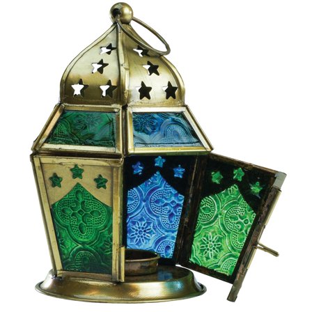 In the Breeze 9209 — Blue & Green Hex Tealight Lantern — Moroccan-Style Boho Chic Tealight Glass and Metal Tabletop Lantern