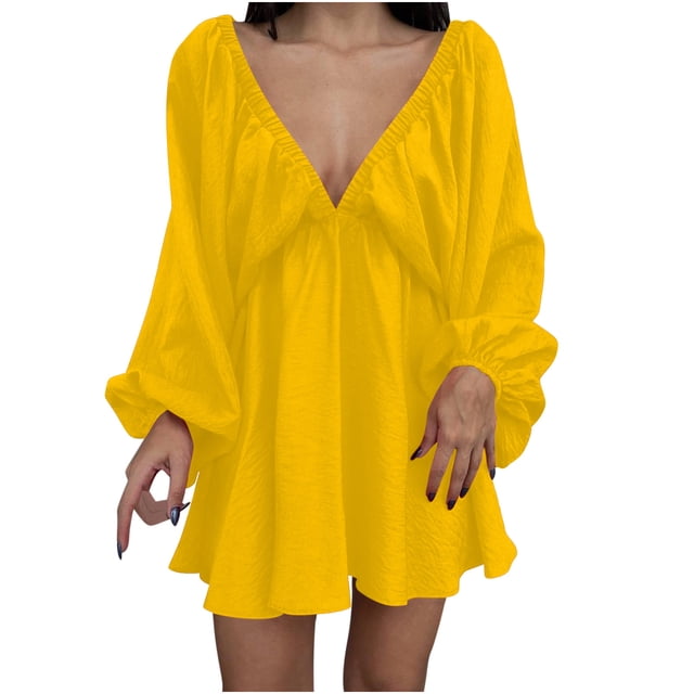 QIPOPIQ Robes pour Femmes pour Invité de Mariage Fête Manches Longues Col en V Longueur Genou Robe Longue d'Été Robe Sexy Rétro Ample 2023 Offres