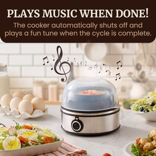 EGC855SS Easy Egg Cooker, 7-Egg Capacity, Soft, Medium, Hard-Boiled, Omelets, Poached Eggs, Plays Melody when Done, Auto Shut-Off, Measuring Cup, Stainless Steel