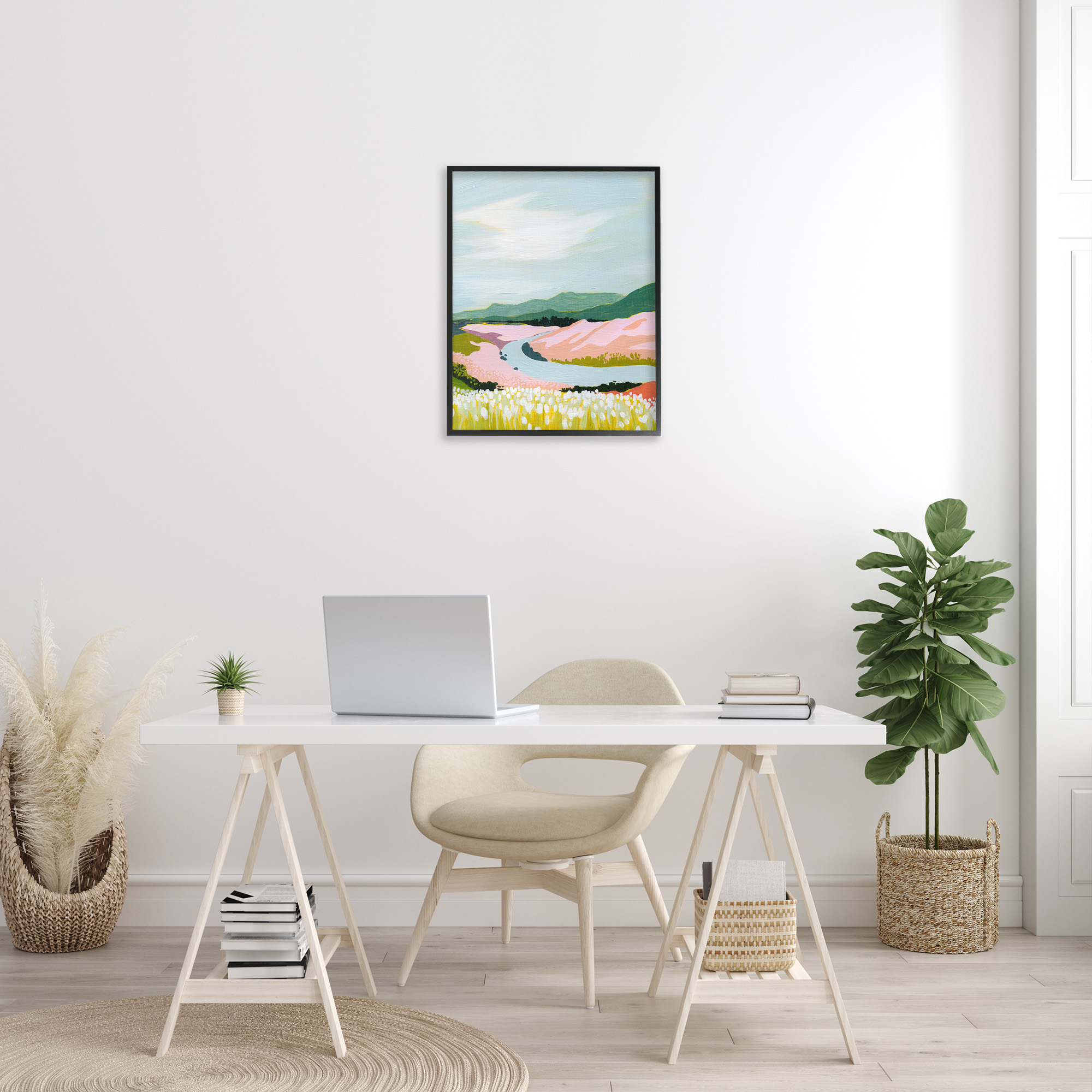 Stupell Industries Pastel Mountain Stream Landscape Painting Black Framed Art Print Wall Art, 24 x 30