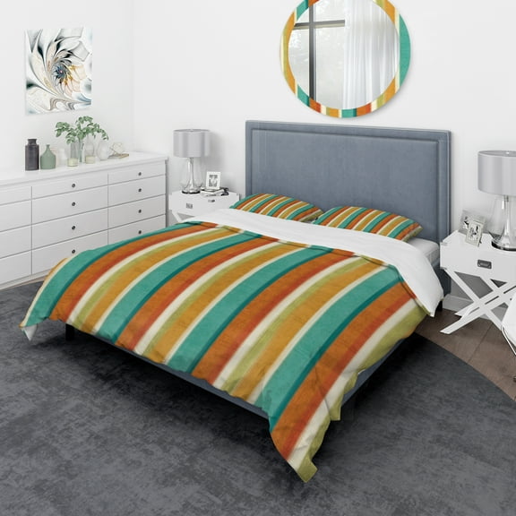 Designart 'Blue, Green and Orange Vertical Abstract Stripes' Geometric Duvet Cover Set