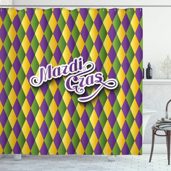 Ambesonne Mardi Gras Shower Curtain, Hand Writing Design, 69"Wx70"L, Purple Green Yellow