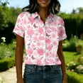 thumbnail image 4 of Women's Hawaiian Summer Beach Shirt Floral Tropic Print Short Sleeve V Neck Button Up Tops Pink 2XL, 4 of 5
