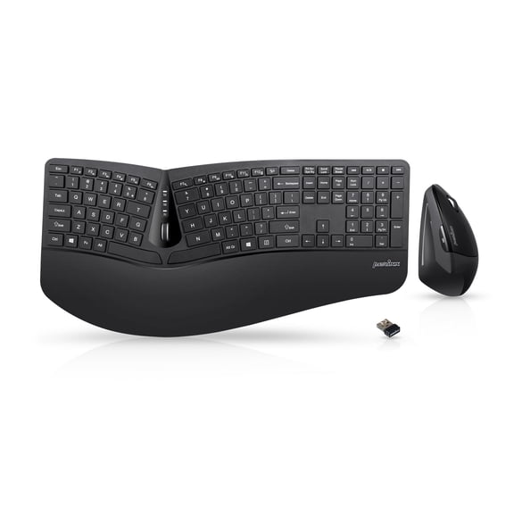 Perixx PERIDUO-605, Combo de Teclado Ergonómico Inalámbrico y Mouse Vertical de Escritorio - Reposamanos Ajustable - Negro