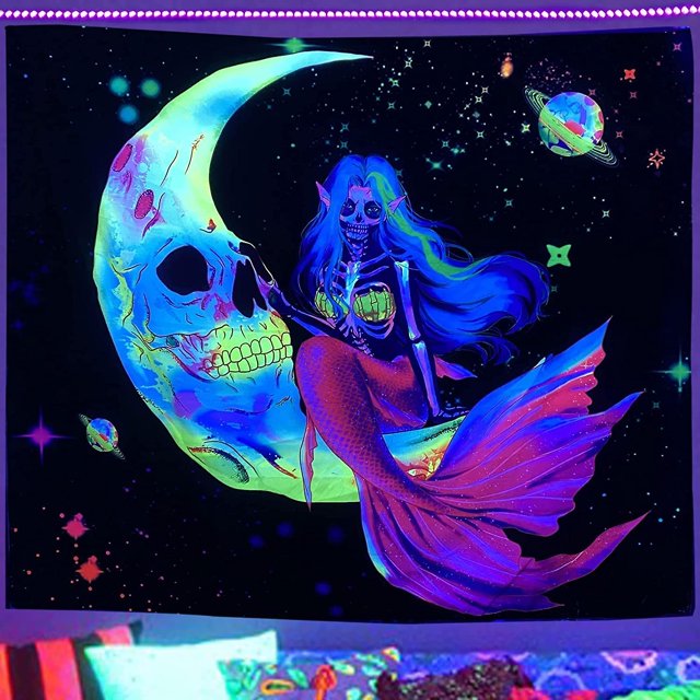 Blacklight MermaidTapiz Trippy Luz Negra Sirena Tapiz UV Reactivo Para Colgar En La Pared Tapices Estéticos Pósteres De Luz Negra Para Dormitorio Sala De Estar Techo Decoración De