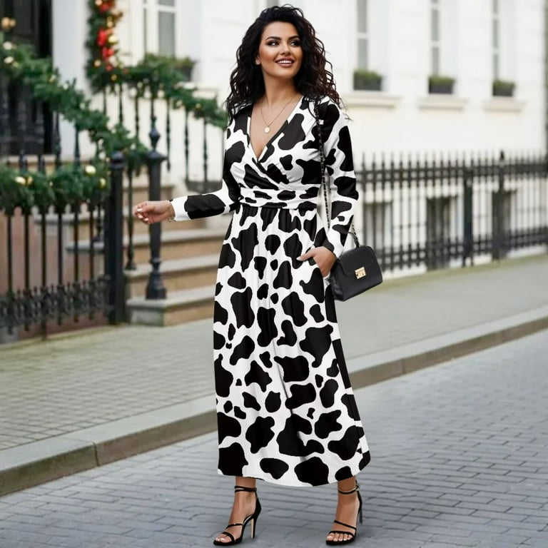 Fkelyi Womens Fall Dress Long Sleeve Maxi Dress for Wedding Party Black Cow Print Casual Outdoor Cloth V Neck Soft Dresses with Pocket, 2XL