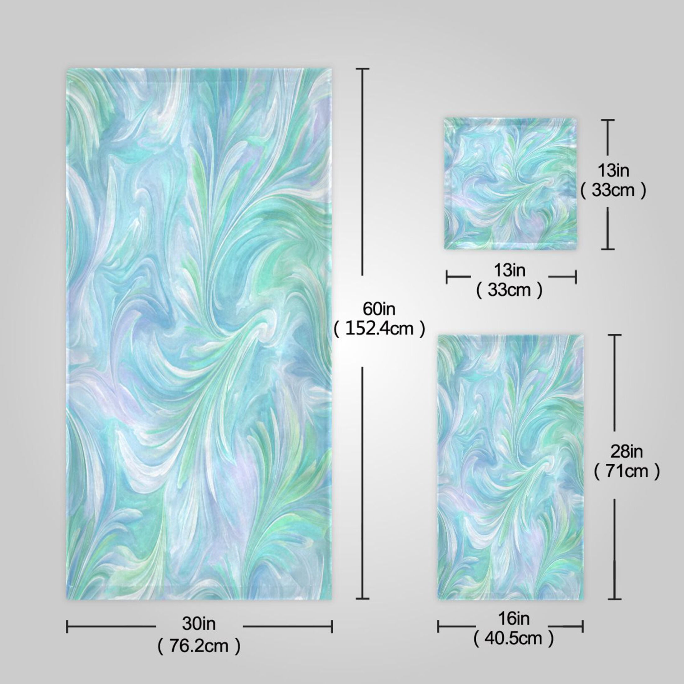 3 Sizes Towel Set - Bath Towel, Hand Towel & Washcloth for Daily Household Use Aqua Swirl Feather Design