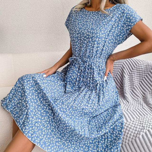 Vestido De Mujer Vestido de primavera verano para mujer Elegante vestido floral para fiesta navideña (Azul L) Cgtredaw Para estrenar
