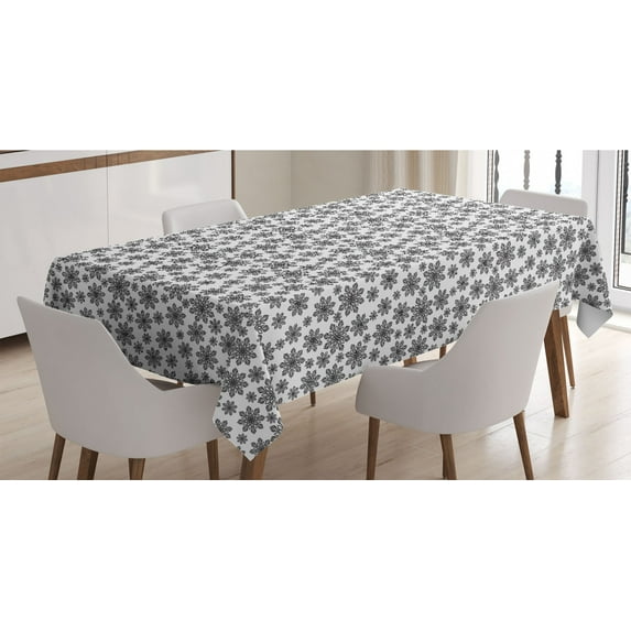Snowflake Tablecloth, Monochrome Snowflakes Christmas Themed Composition Winter Season Illustration, Rectangle Satin Table Cover for Dining Room and Kitchen, 60" X 90", Black White, by Ambesonne