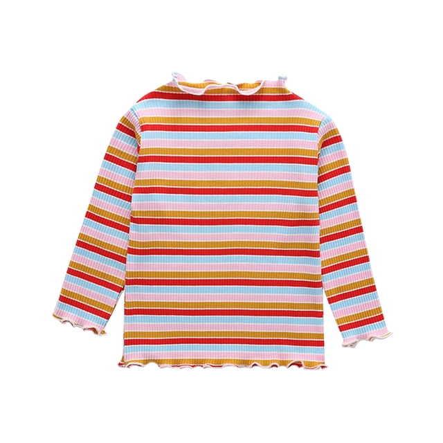 MeetoTime Girls Long Sleeved Top Loose Striped Printed Ruffled Round Neck Bottoming Shirt 3-8 Years Baby Clothes