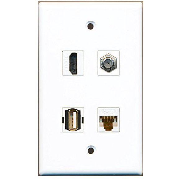 RiteAV - 1 Port HDMI 1 Port Coax Cable TV- F-Type 1 Port USB A-A 1 Port Cat6 Ethernet White Wall Plate