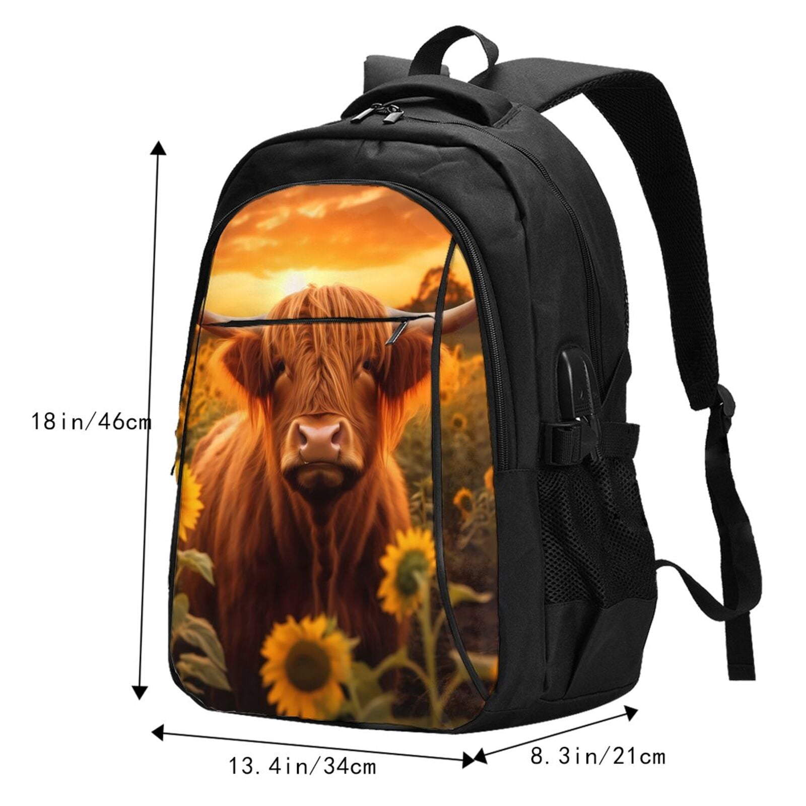 Vsdgher Vintage Sunflower Cow B Print Travel Laptop Backpack, Laptops Backpack with USB Charging Port, Water Resistant Computer Bag Gift for Men & Women