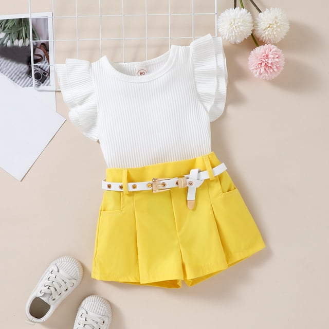 LEEy-world Bébé Fille Cadeaux Bambin Filles Bébés Imprimés Mignons Hauts à Manches Courtes Shorts Rouges avec Bandeaux 3pcs Ensemble Tenues, Jaune