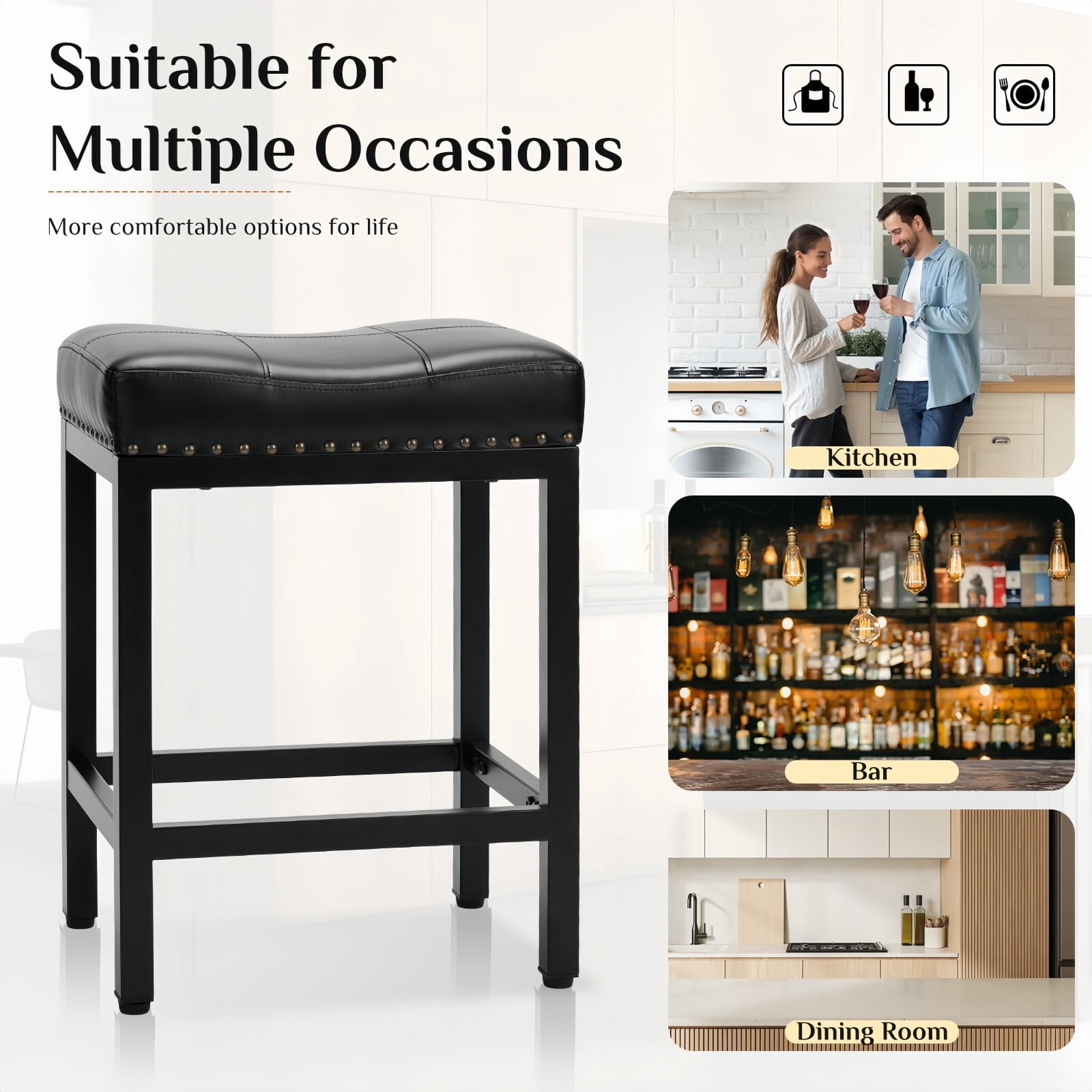 Kelno 24 Inch Saddle Bar Stool Set of 2 PU Leather Counter Stools with Steel Frame and Footrest, Black