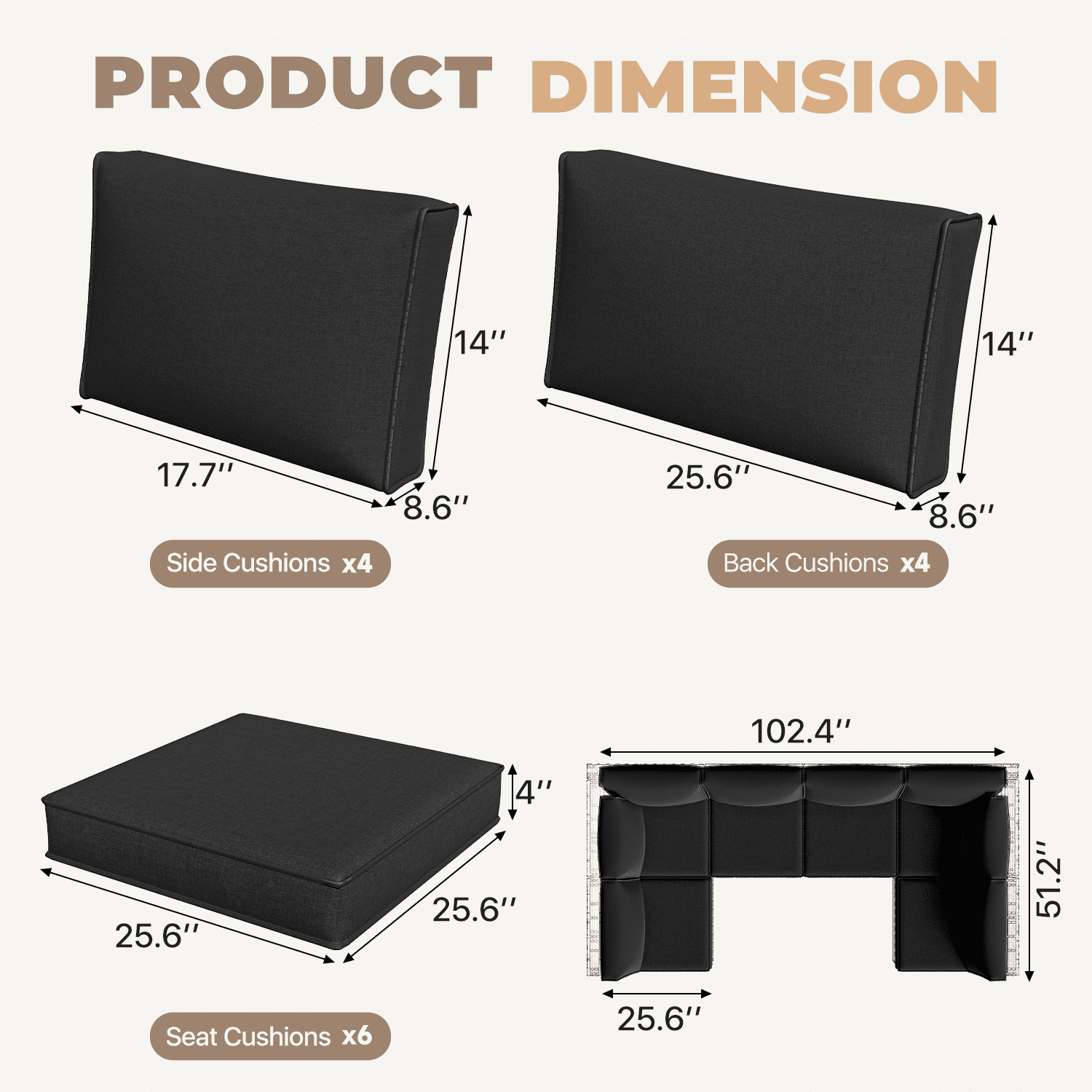 BaPiPro 6-Person Black Outdoor Sectional Sofa Cushions, Waterproof Polyester Patio Cushions with High-Density Sponge & Side Pillows, No Assembly for Backyard, Porch, Deck & Poolside