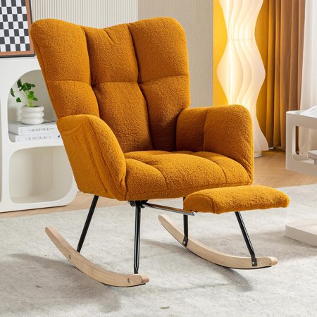 Rocking Chair with Foot Rest, Comfy Teddy Upholstered Nursery Glider Chair with High Back Side Pocket, Accent Rocker Arm Chair Sherpa Lounge Chair for Living Room Bedroom, Dark Gray
