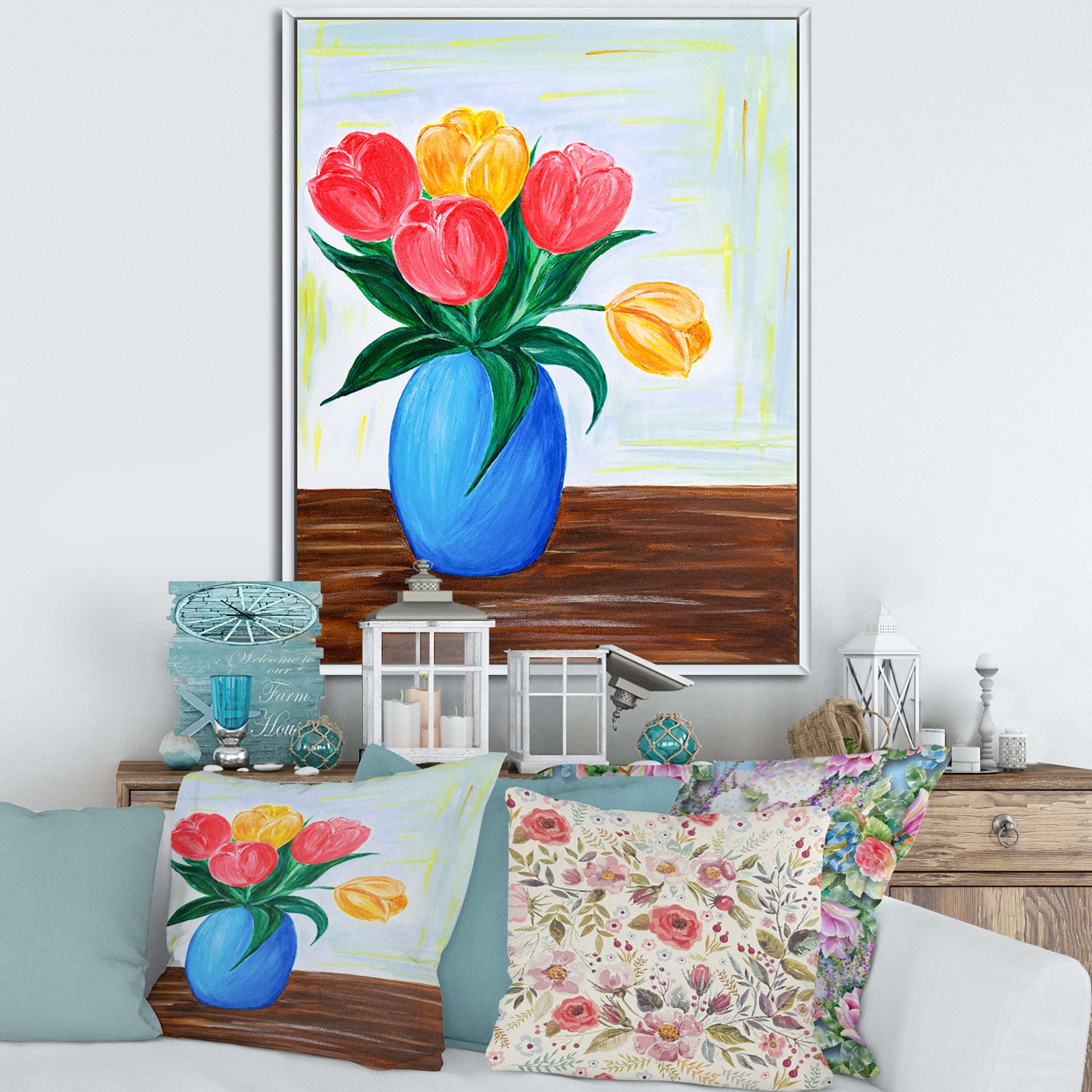 Bouquet Of Orange and Red Tulips In A Vase 12 in x 20 in Framed Painting Canvas Art Print, by Designart